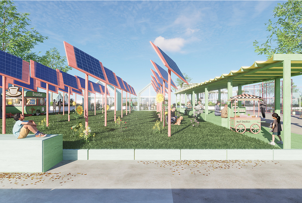 Grafik: Pergola und PV-Masten auf Wiese