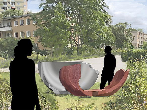 Grafik mit zwei Halbschalen im Park und 2 Personen als Schattenriss