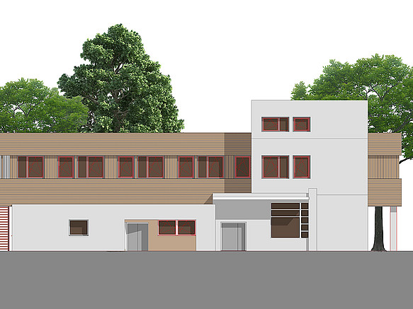 Grafik mit zweistöckigem Gebäude mit größerem Anbau 