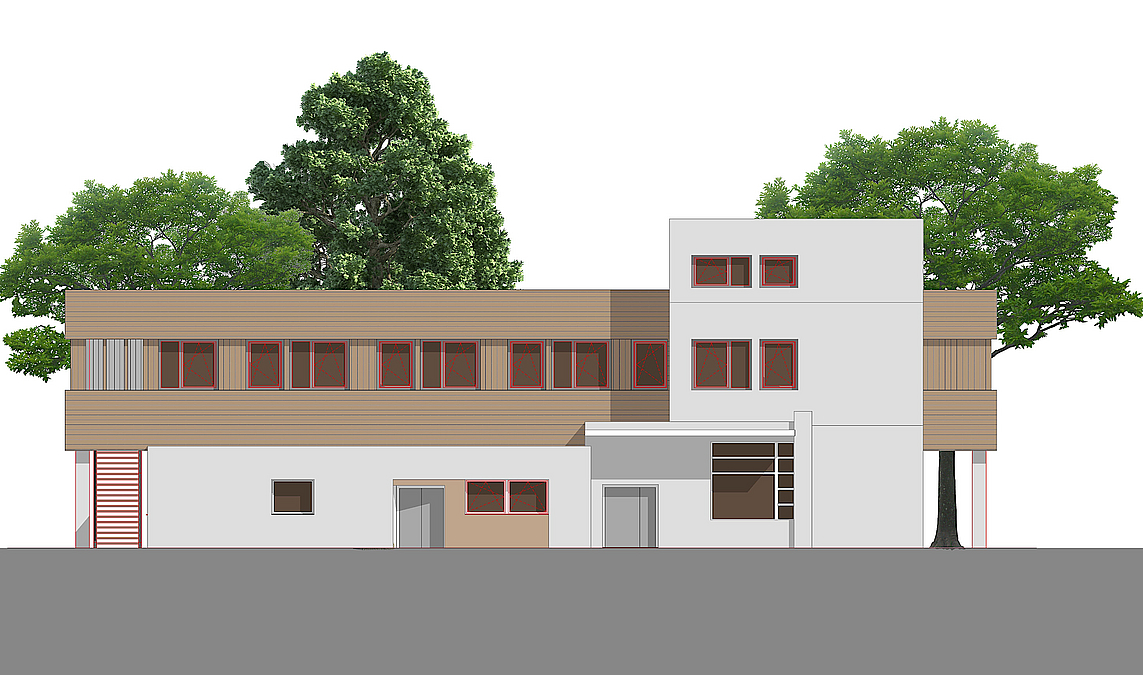 Grafik mit zweistöckigem Gebäude mit größerem Anbau 