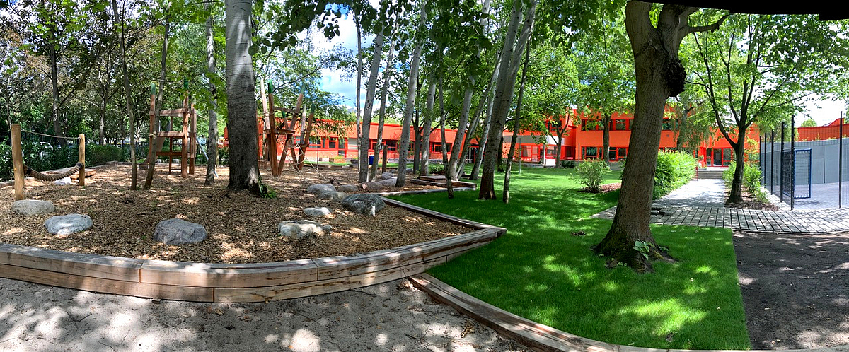 Panoramaansicht Spielplatz mit Tennenbelag und Rasenfläche unter Bäumen, im Hintergrund ziegelrotes Gebäude, Bolzplatz im Anschnitt