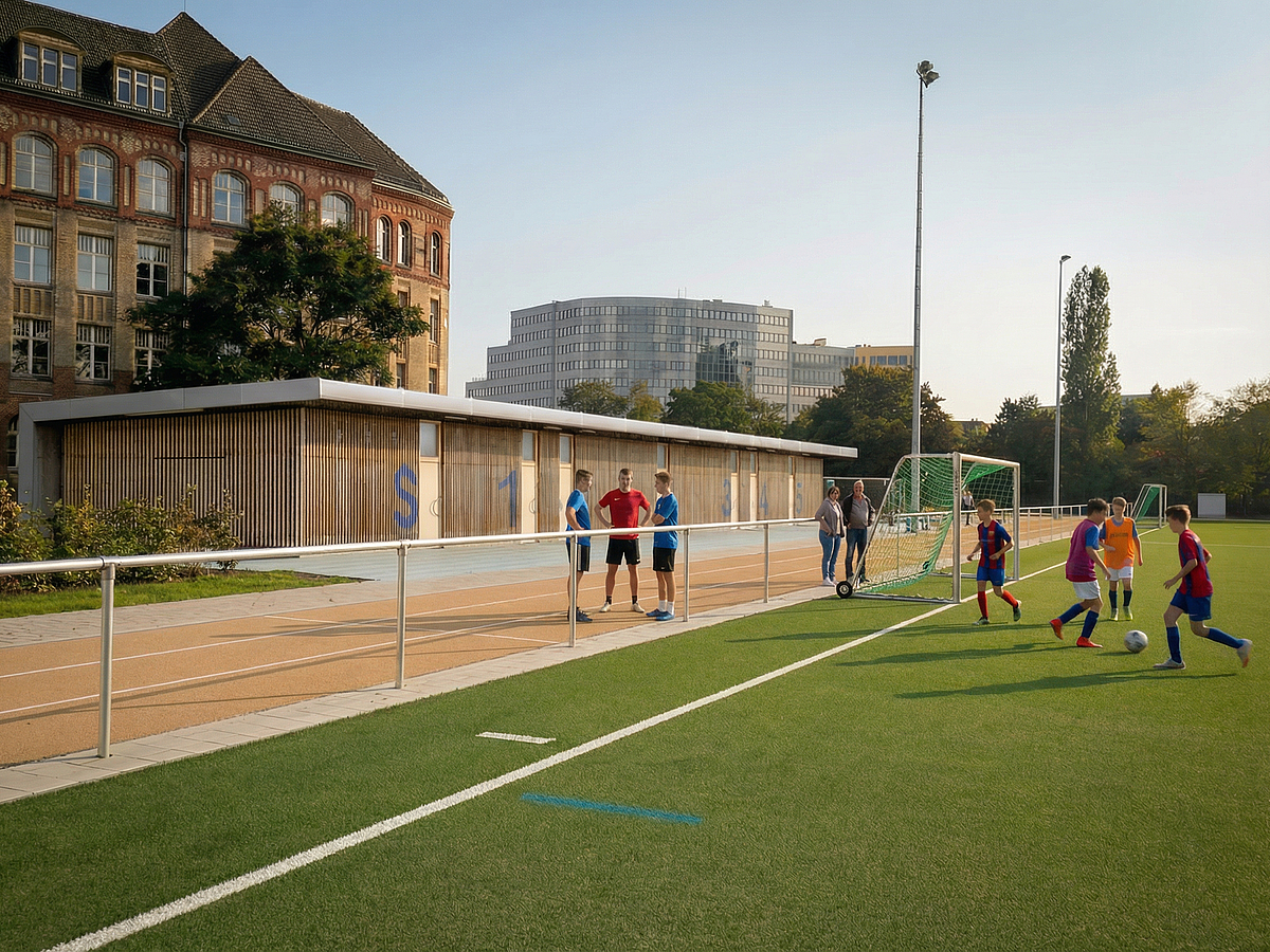 Flachbau mit Holzfassade am Sportplatz mit KI-generierten Personen, im Hintergrund Teske-Schule und modernes Bürohochhaus