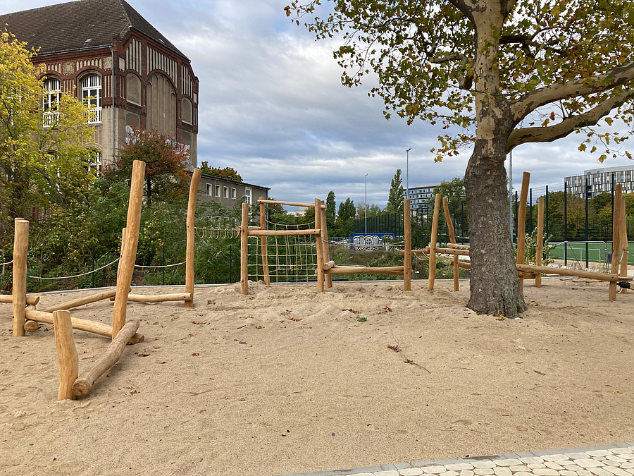 Balancier- und Hangelstrecke um einen alten Baum im Herbst, Giebel altes Schulgebäude