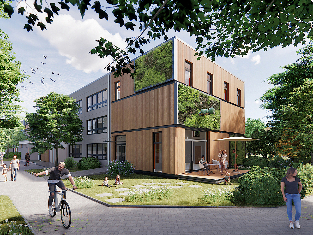 Perspektive Dreigeschosser mit Anbau mit teilweise begrünter und Holzfassade