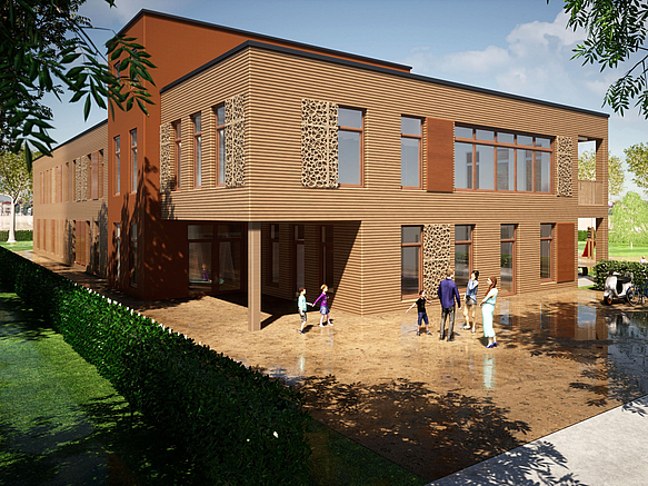 Zweigeschossiges Gebäude mit Holzlattenfassade und höherem Treppenhaus in der Mitte