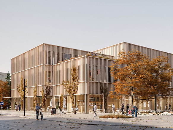 Grafik: großes Gebäude mit Lamellenfassade