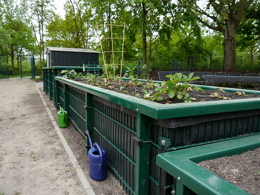 Hochbeete in drei Höhen für unterschiedlich große Gärtnerinnen und Gärtner
