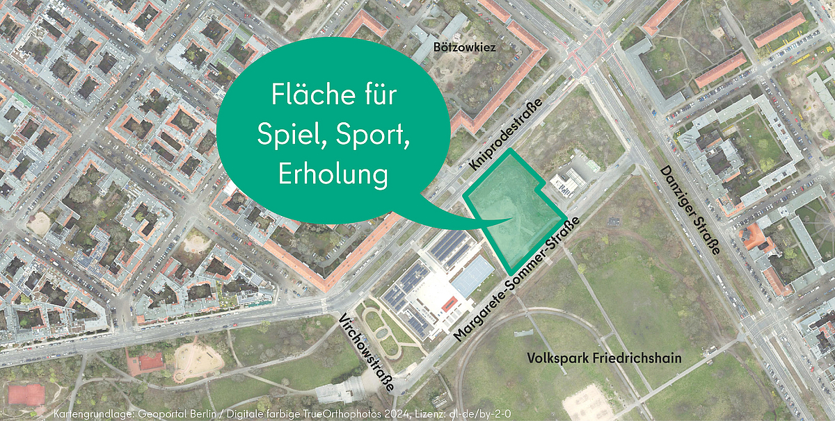 Aktuelle Luftaufnahme des Gebiets mit der Projektfläche und weiteren Bezeichnungen