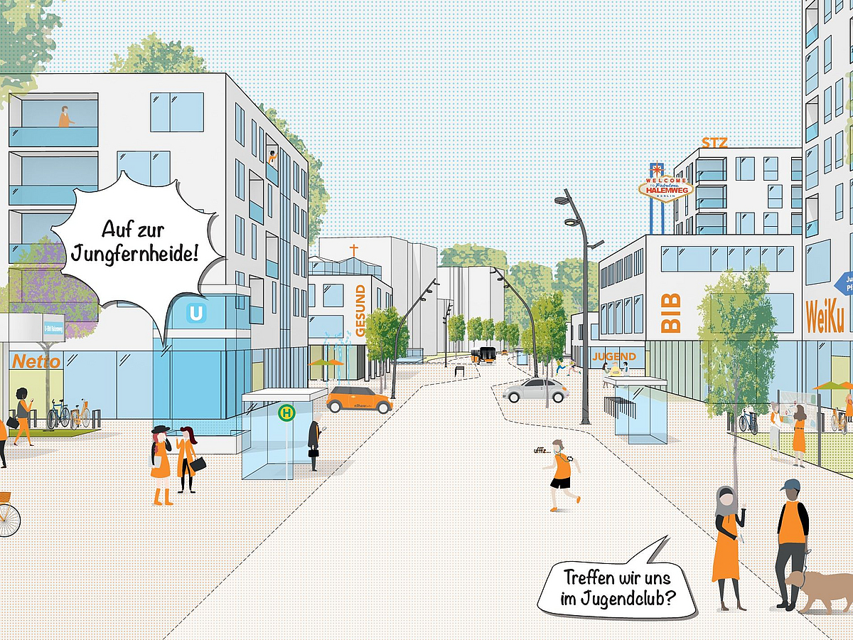 Zeichnung mit Boulevard, Wohn- und Geschäftshäusern, Figuren mit Sprechblasen