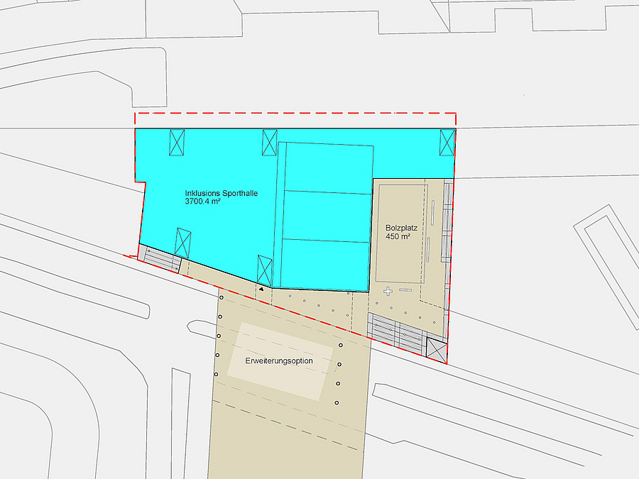 Grafik mit Markierung von Inklusionssporthalle, Bolzplatz und Erweiterungsoption