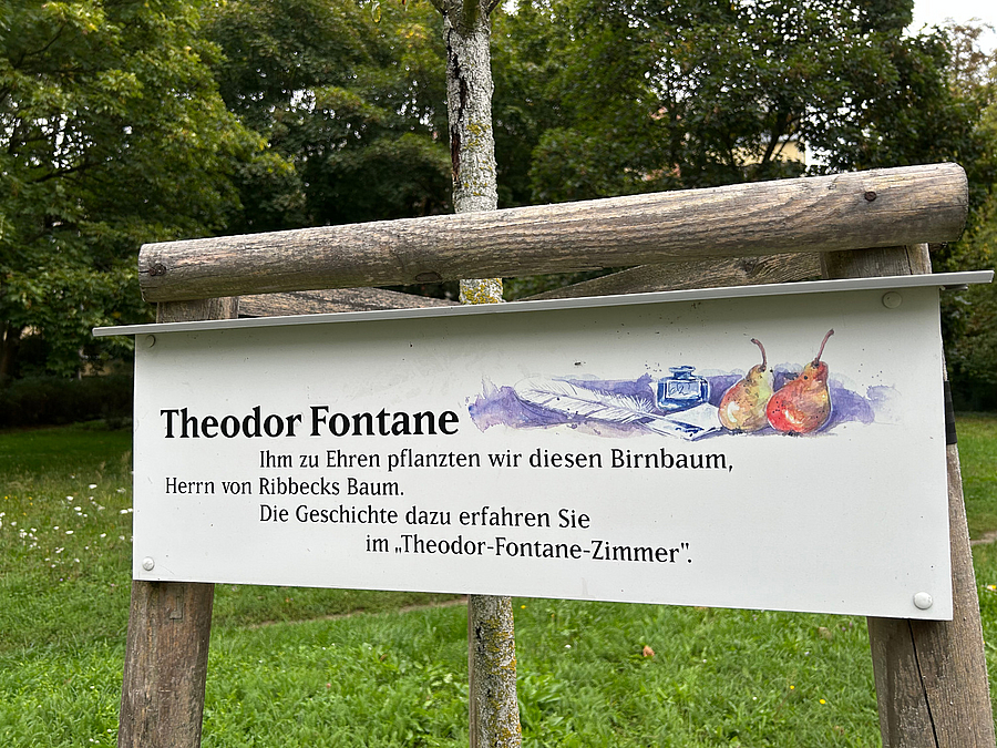 Schild: Theodor Fontane. Ihm zu Ehren pflanzten wir diesen Birnbaum... 