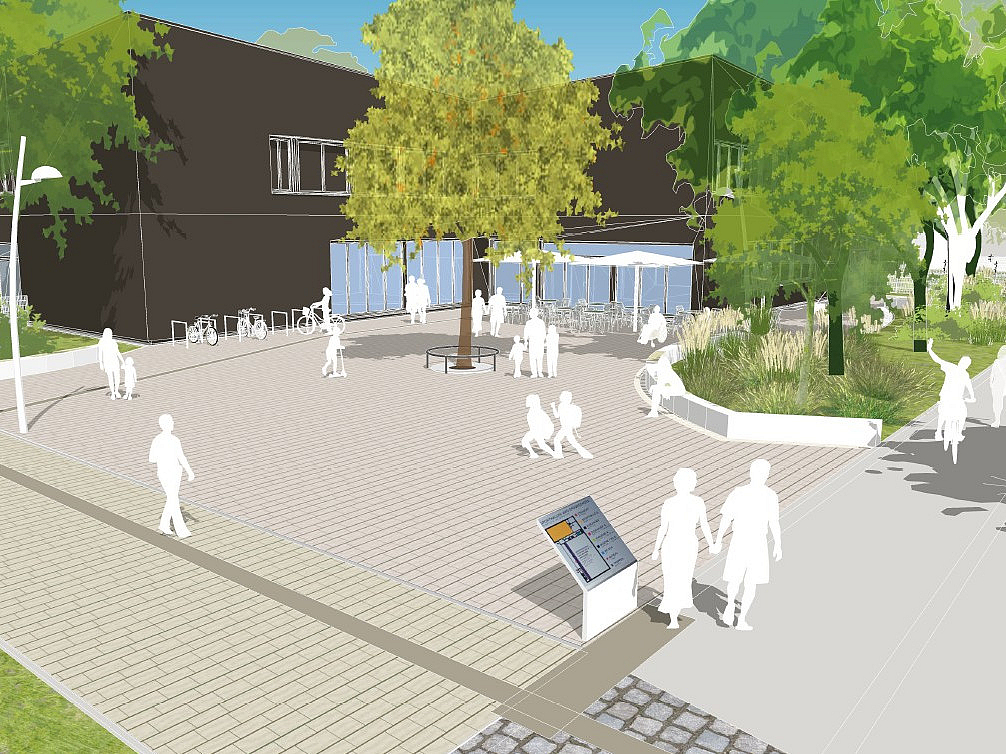 Grafik mit zweiflügeligem Gebäude und gepflastertem Vorplatz