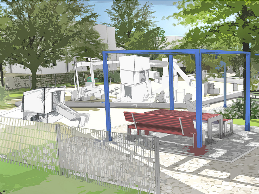 Grafik mit Pergola sua blauem Stahlrahmen, Sitzplatz und kistenförmigen Spielgeräten