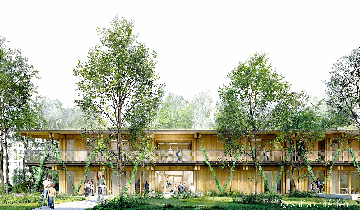 Grafik mit zweigeschossigem, transpaarentem Holzbau mit Fassadenbegrünung