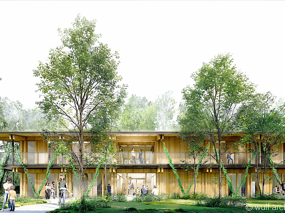 Grafik mit zweigeschossigem, transpaarentem Holzbau mit Fassadenbegrünung