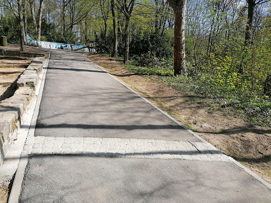 Abschüssiger Asphaltweg mit Querrinne aus Quadern und Mulde neben dem Weg
