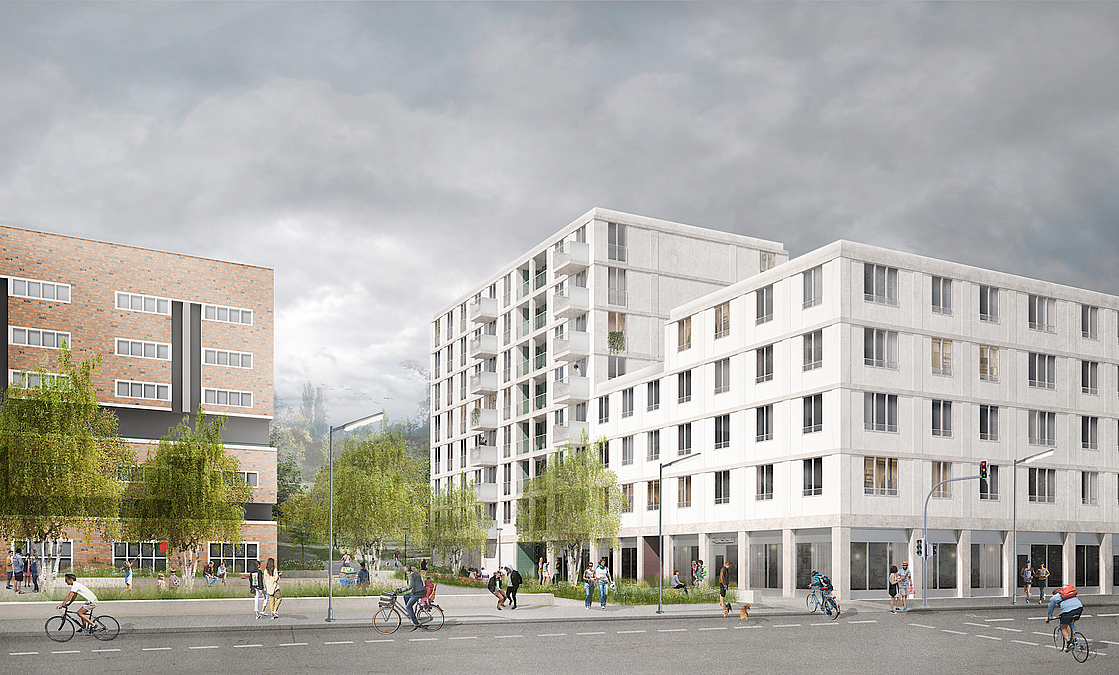 Perspektive des Bestandsgebäude, des Stadtplatzes und des Neubaus