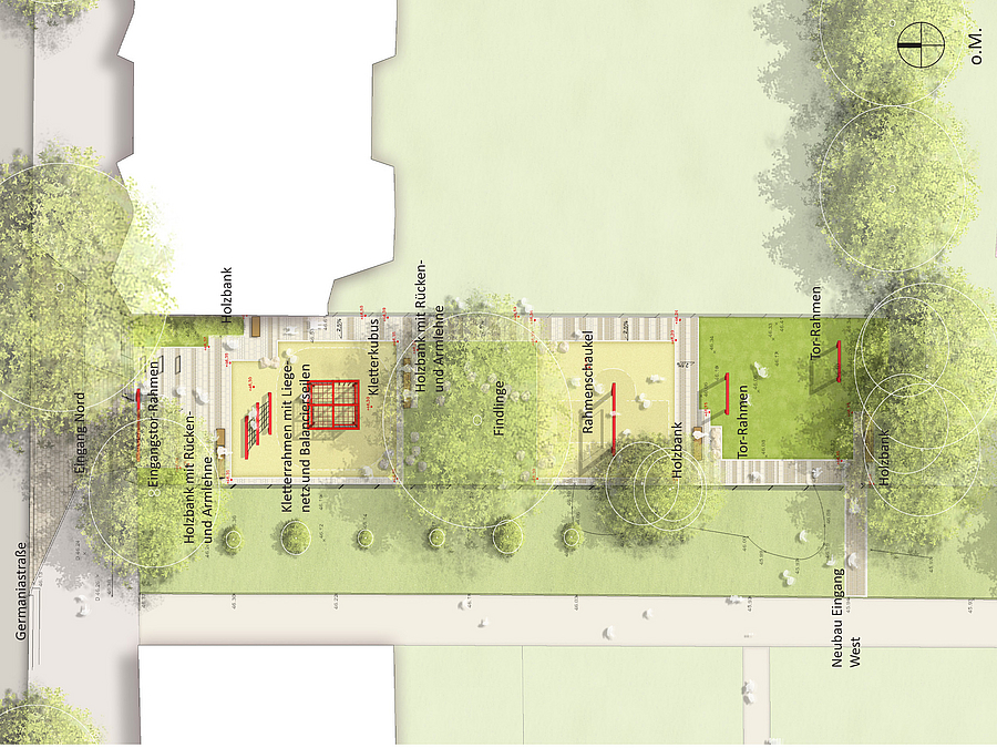 Lageplan schmaler Spielplatz mit Bezeichnung der Elemente: Eingangstor-Rahmen, Kletter-Rahmen mit Liegenetz und Balancierseilen, Kletterkubus, Rahmen-Schaukel, Tor-Rahmen