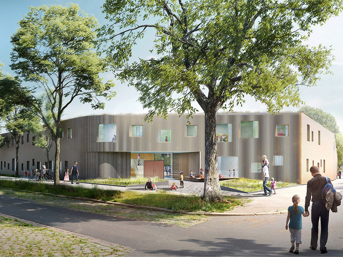Grafik: Zweistöckiges Gebäude mit vertikalen Holz-Lamellen, davor hohe Laubbäume