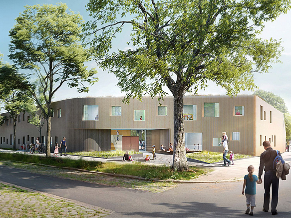 Grafik: Zweistöckiges Gebäude mit vertikalen Holz-Lamellen, davor hohe Laubbäume