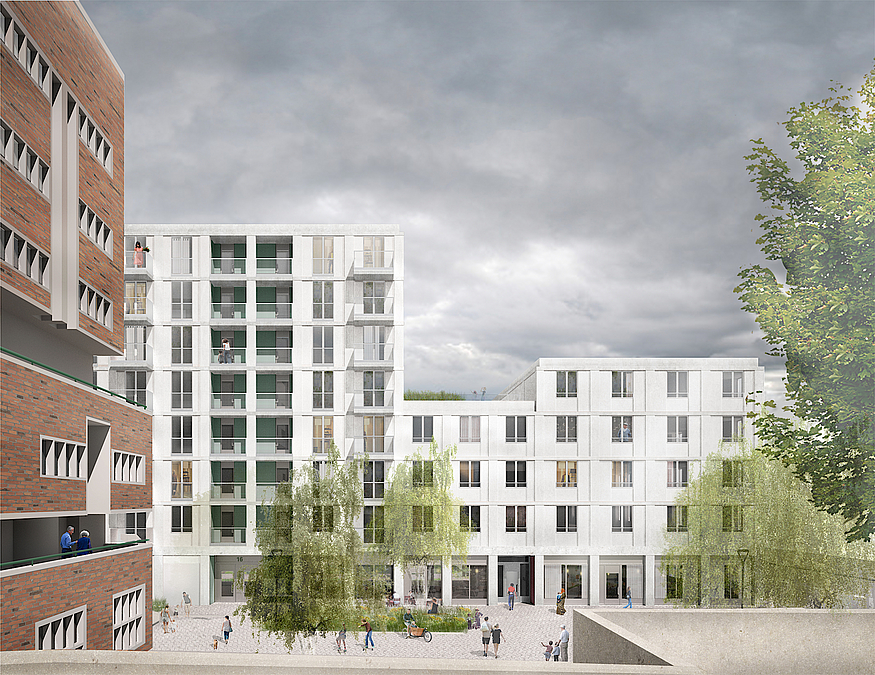Perspektive mit Ausblick auf Platz und Neubau