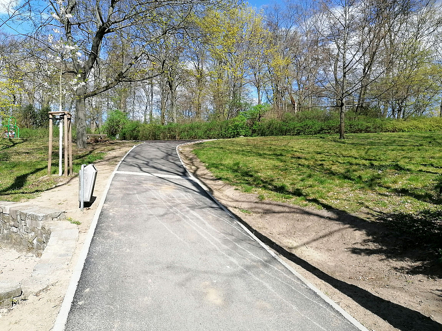 Abschüssiger Asphaltweg mit Mulden und blühendem Kirschbaum am Rand