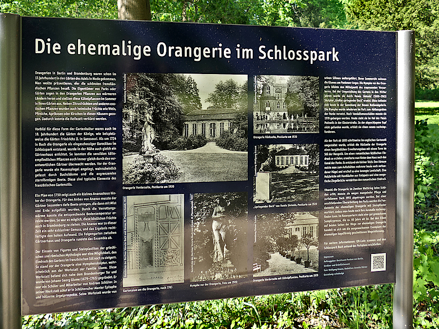 Eine der bisher drei Informationstafeln zur Geschichte des Schlossparks Infotafel: Die ehemalige Orangerie im Schlosspark