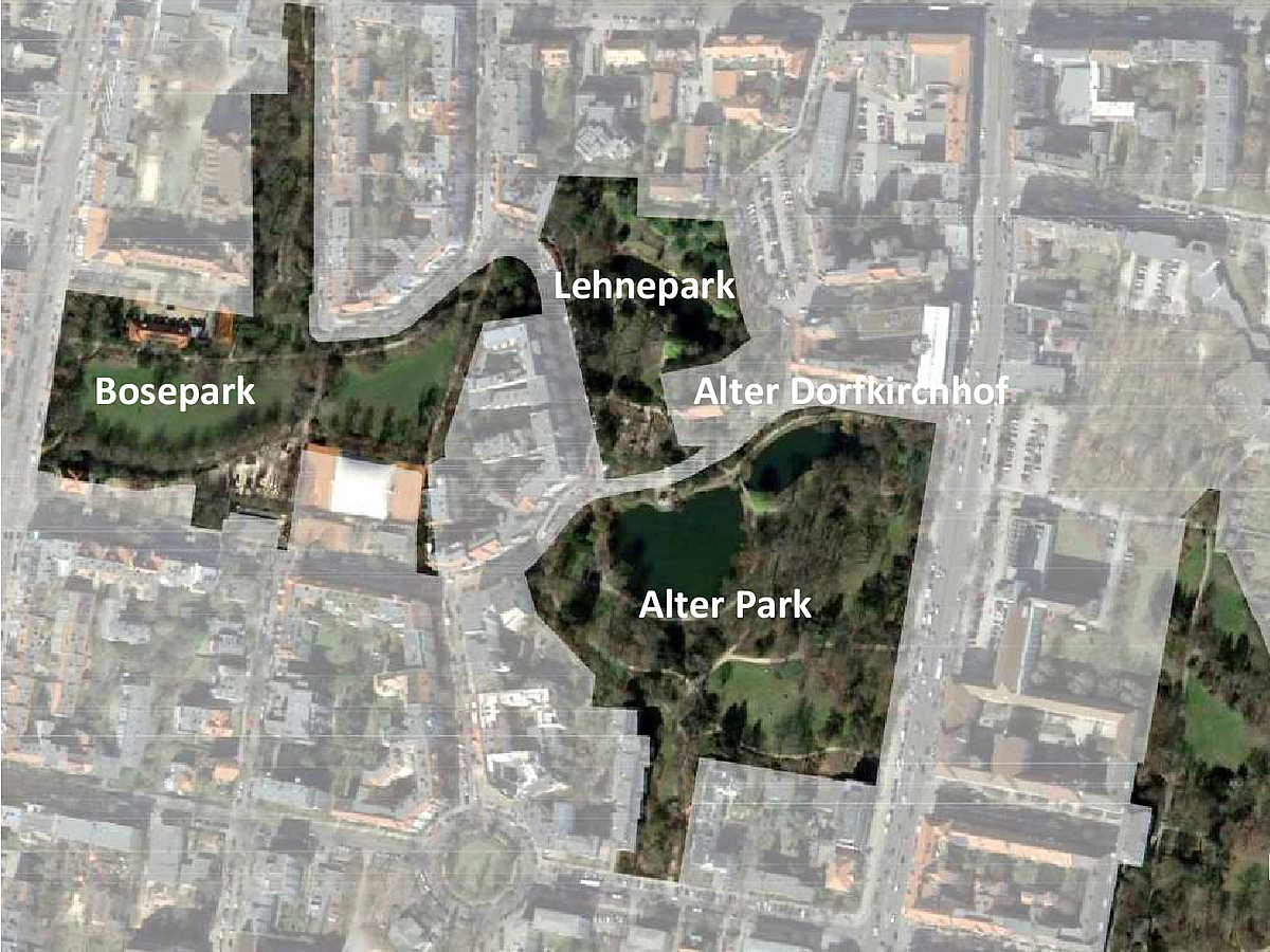 Luftbild mit farbig hervorgehobenen Flächen des Alten Parks, Lehneparks und Boseparks