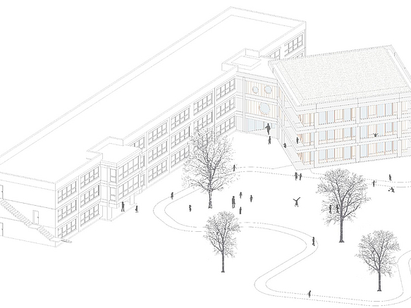 Grafik Langgestreckter Dreigeschosser mit an einer Ecke vorgebautem Kubus