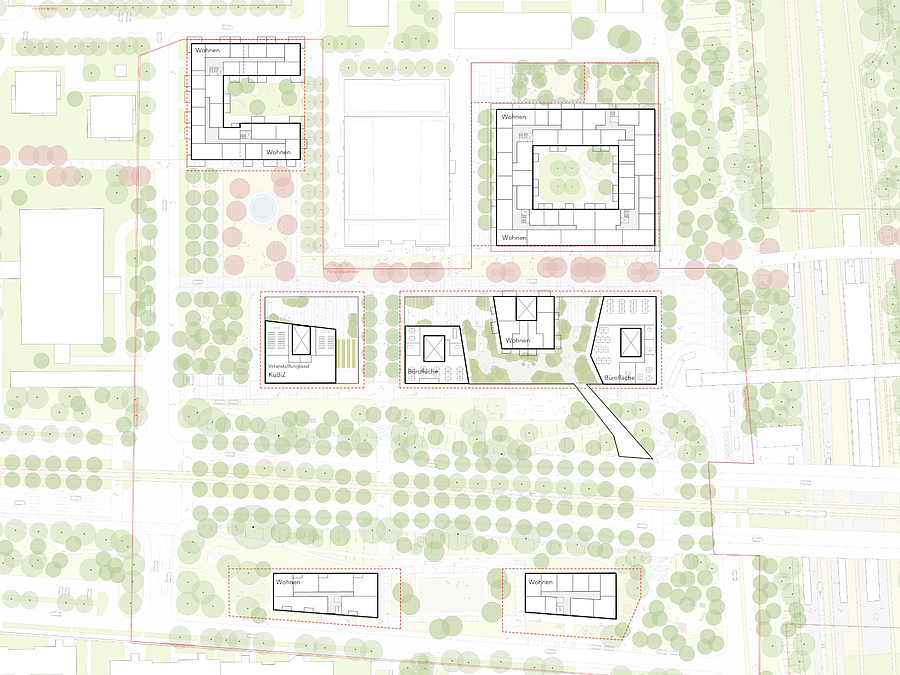 Plan mit Grundrissen und viel Grün