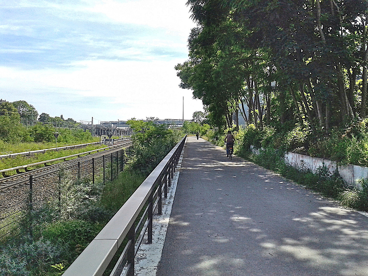Weg zwischen Bahnstrecke und Gehölz mit Radfahrer