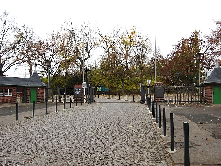 Gepflasterte Straße mit Pollern auf beiden Seiten, herbstliche Bäume