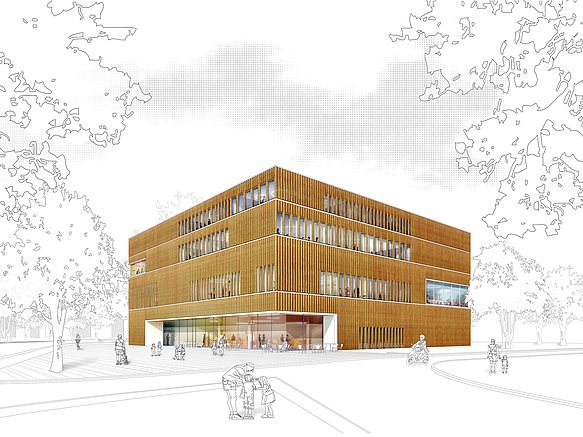 Perspektive eines quaderförmigen Gebäudes mit Holzlamellen-Fassade und gläsernem Foyer
