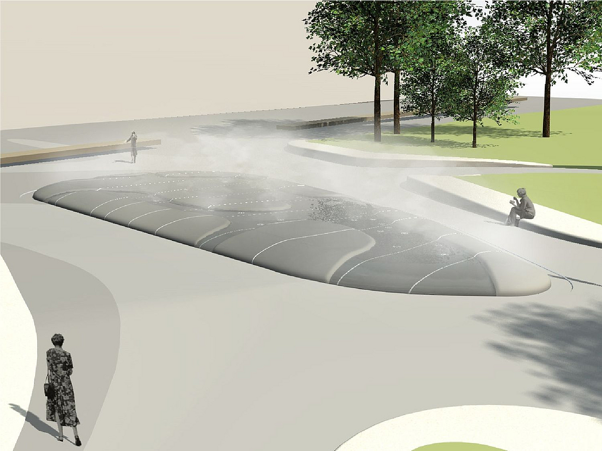 Kissenartige Erhebung mit Sprühnebel in Asphaltfläche