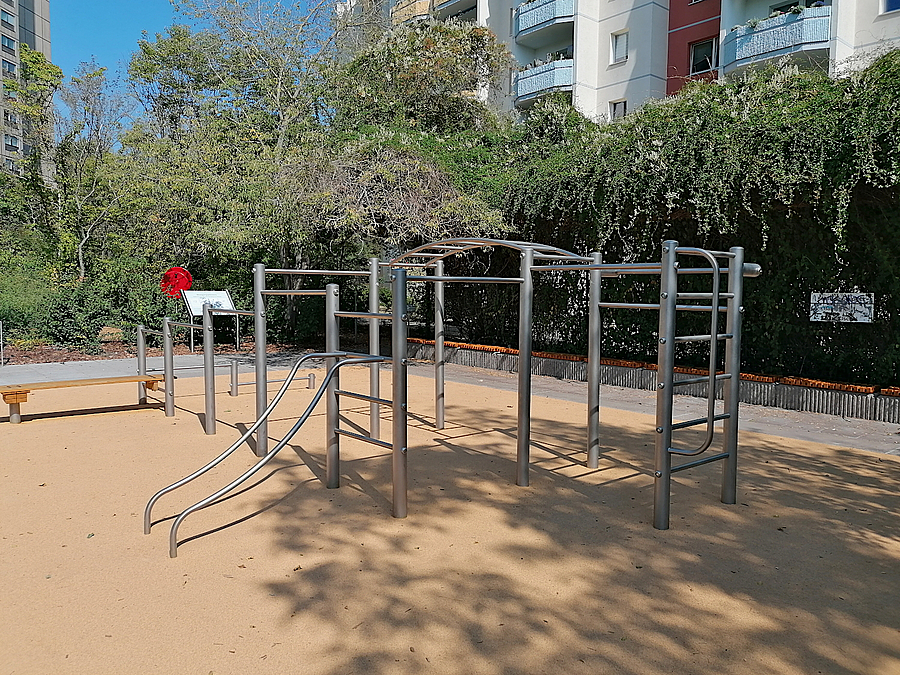 Calisthenics-Anlage auf beigem Boden, dahinter Grün