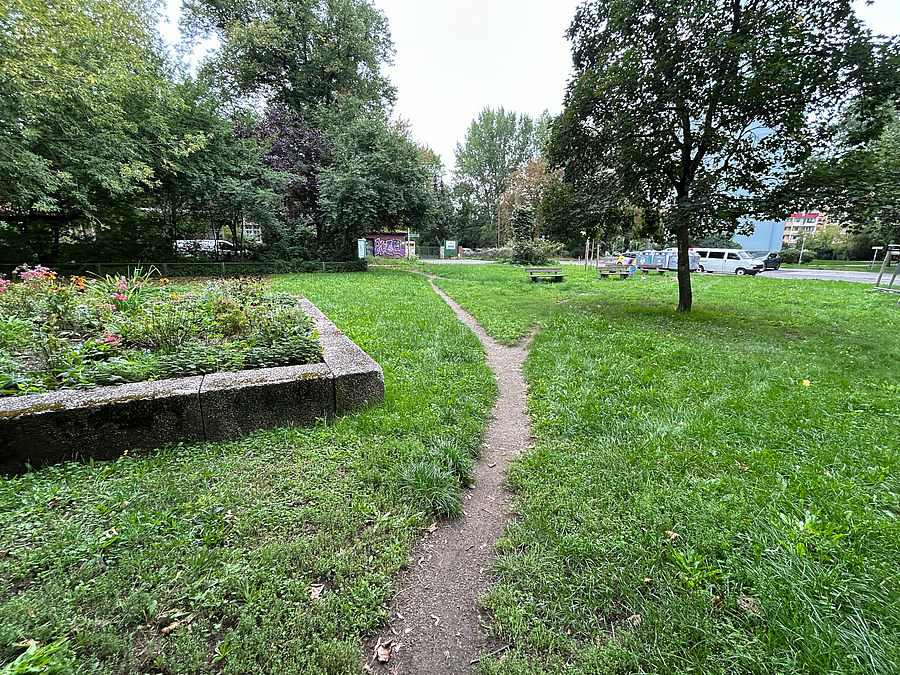Trampelpfad und Hochbeet auf Grünfläche