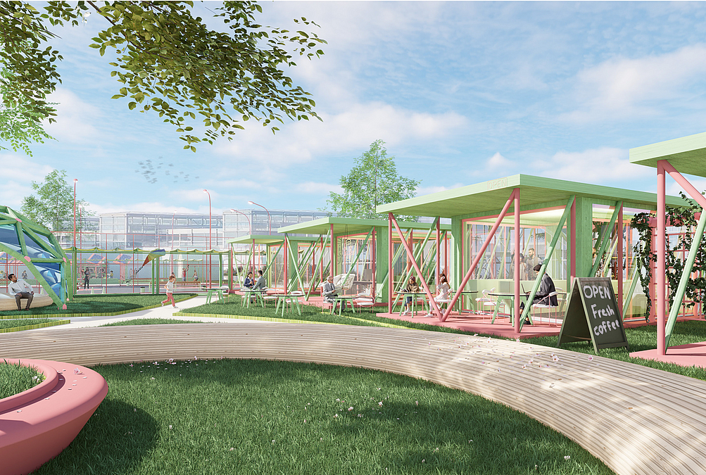 Grafik Wiese, Baum und offene Pavillons