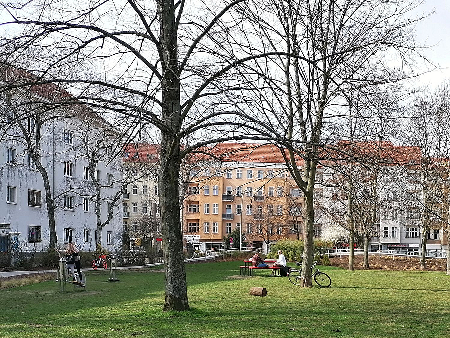 Baumbestandene Wiese mit einigen Menschen, dahinter Wohnhäuser