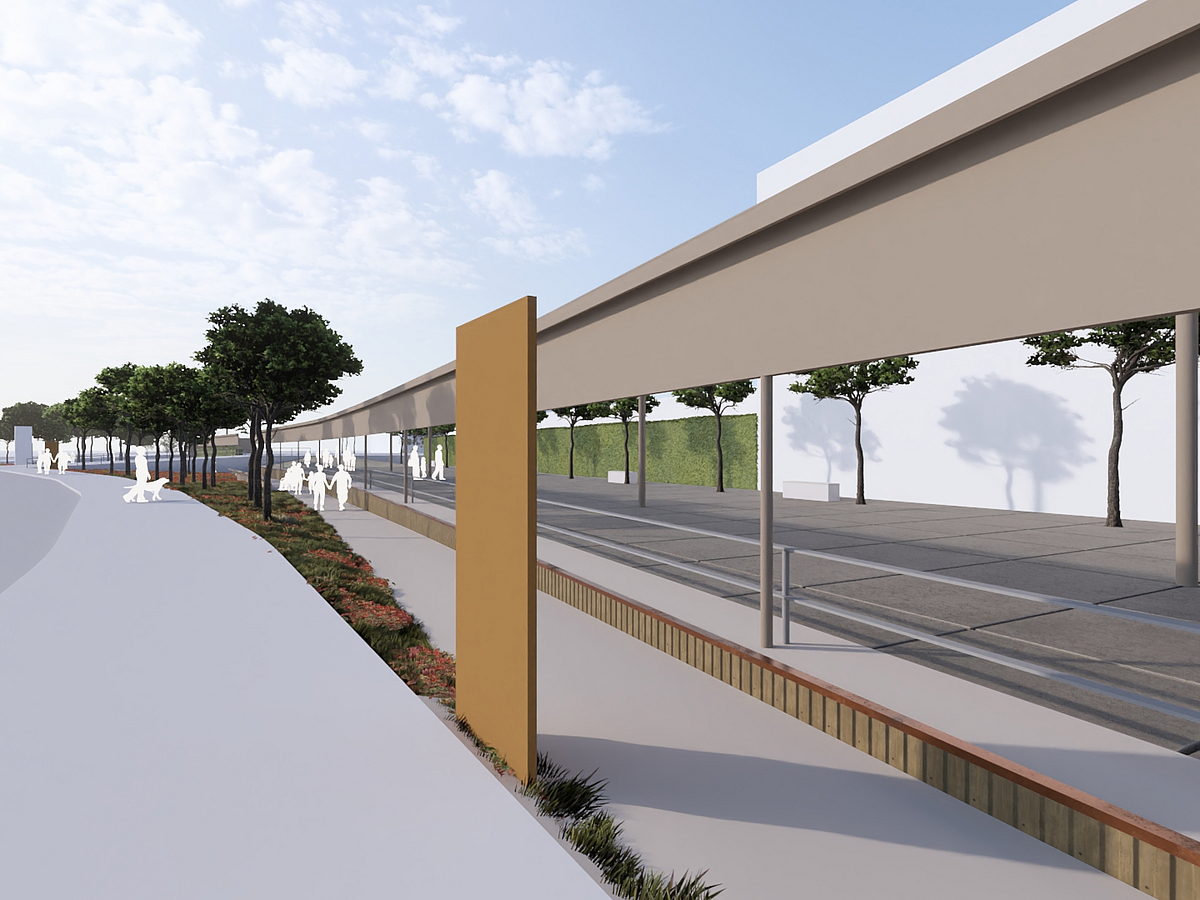 Perspektive (Grafik) mit Anmutung eines Bahnsteigs und Gedenkstele aus Cortenstahl