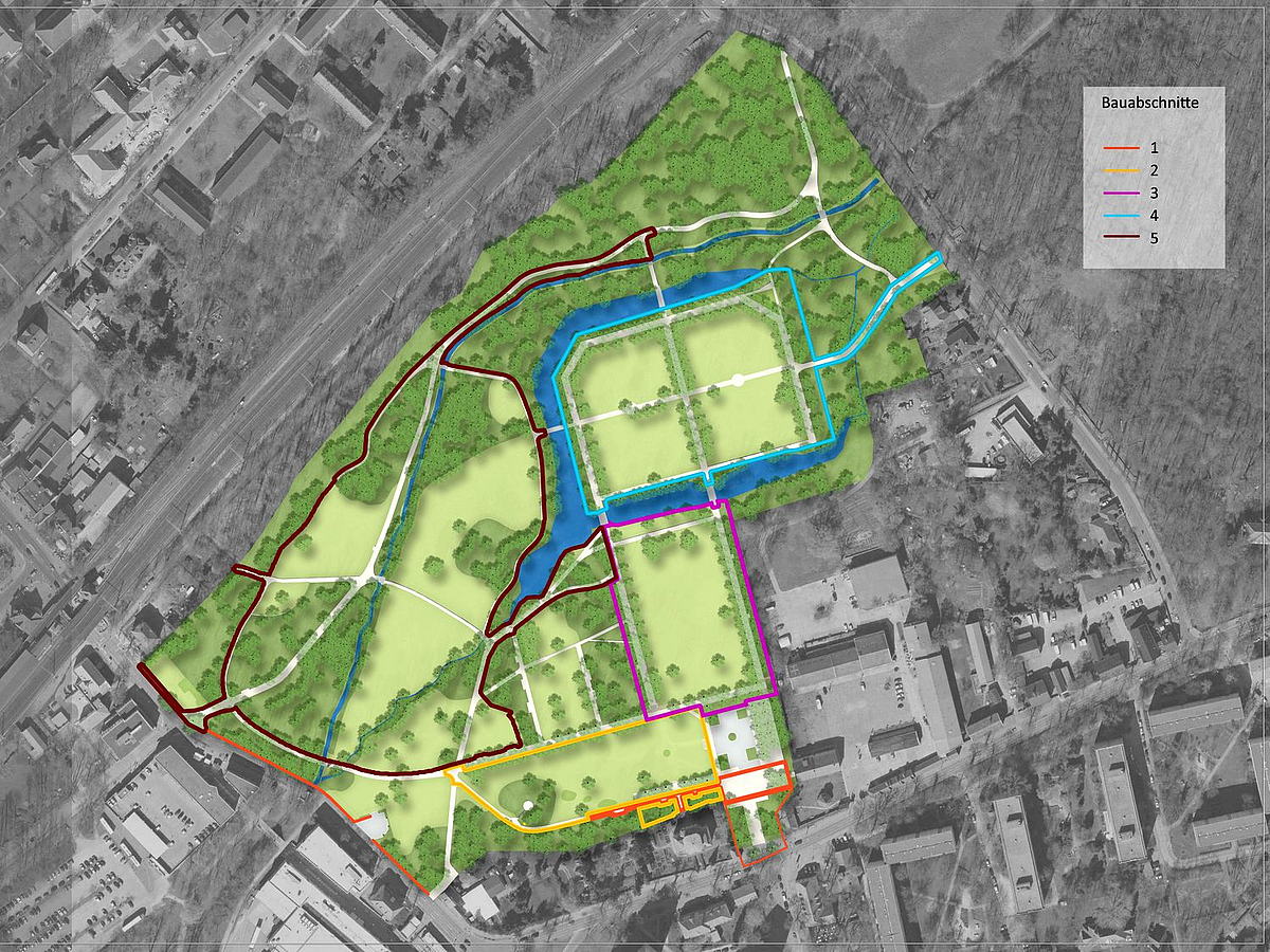 Übersicht über die Bauabschnitte am Schlosspark Luftbild mit koloriertem Park und farbig umrandeten Bereichen