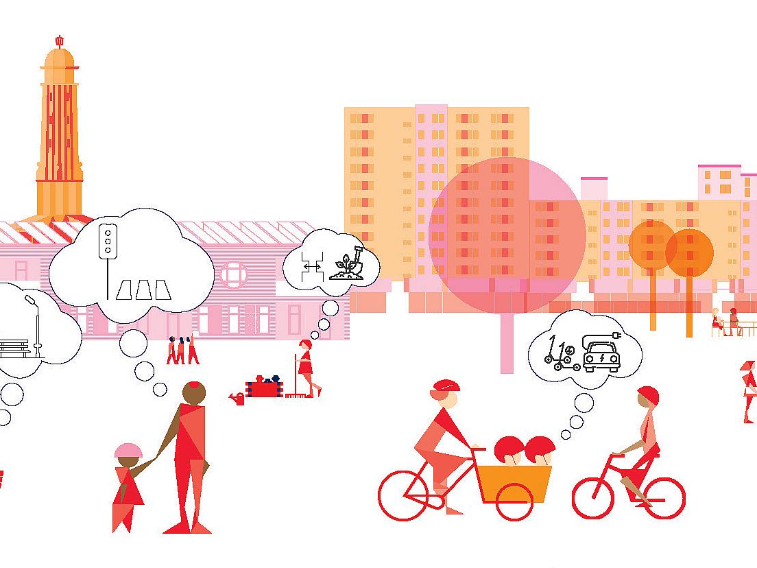 Grafik mit Figurengruppen ohne Autos mit Denkblasen vor Charlottenburg-Nord-Panorama