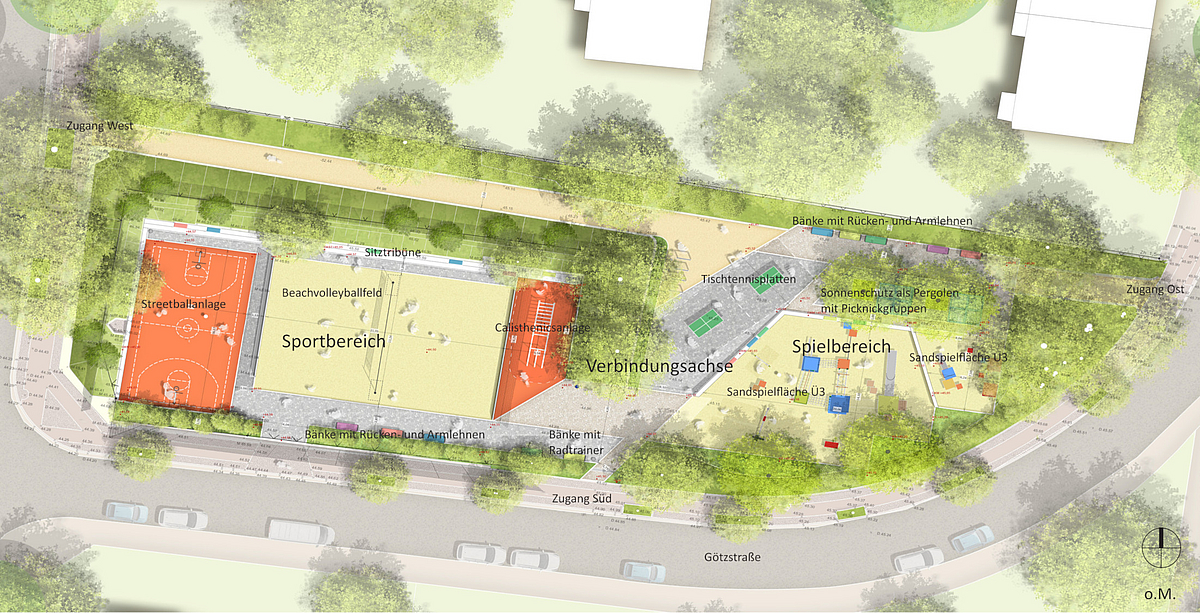 Lageplan mit Sportbereich, Verbindungsachse und Spielbereich