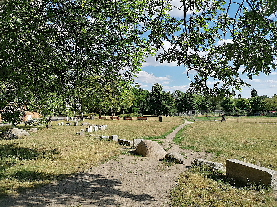 Linie aus Findlingen unter Baum und auf Wiese