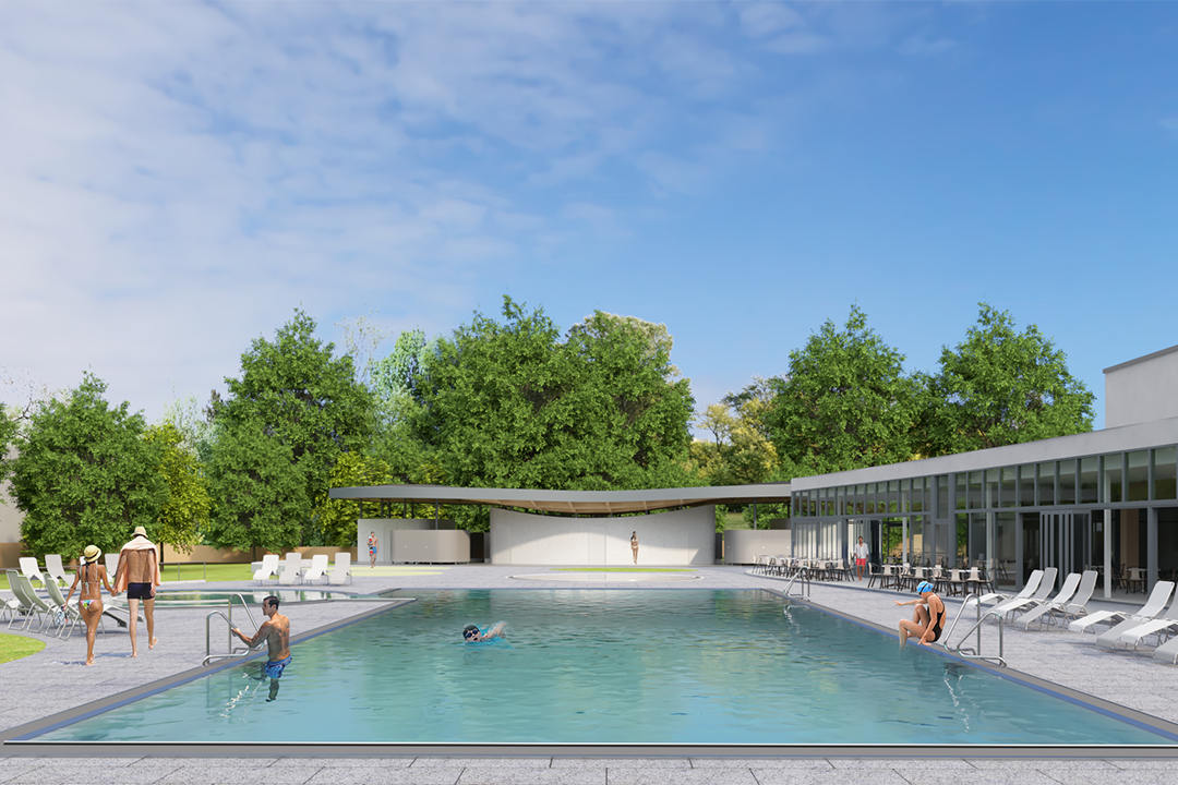 Grafik mit Schwimmbad, Halle, Umkleidebereich